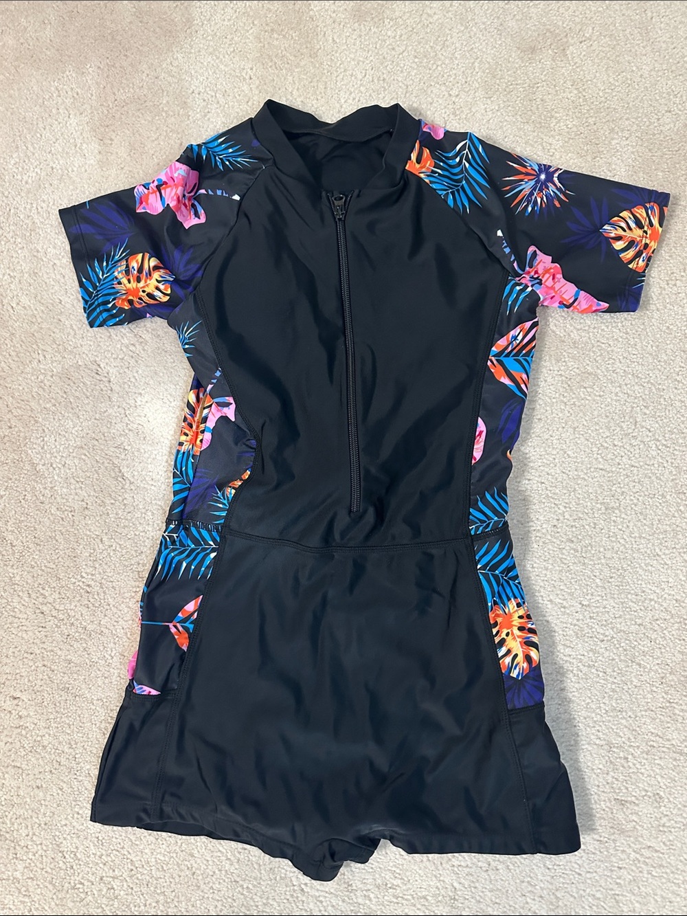 Black Tropical-Print Short Sleeve Swim Romper